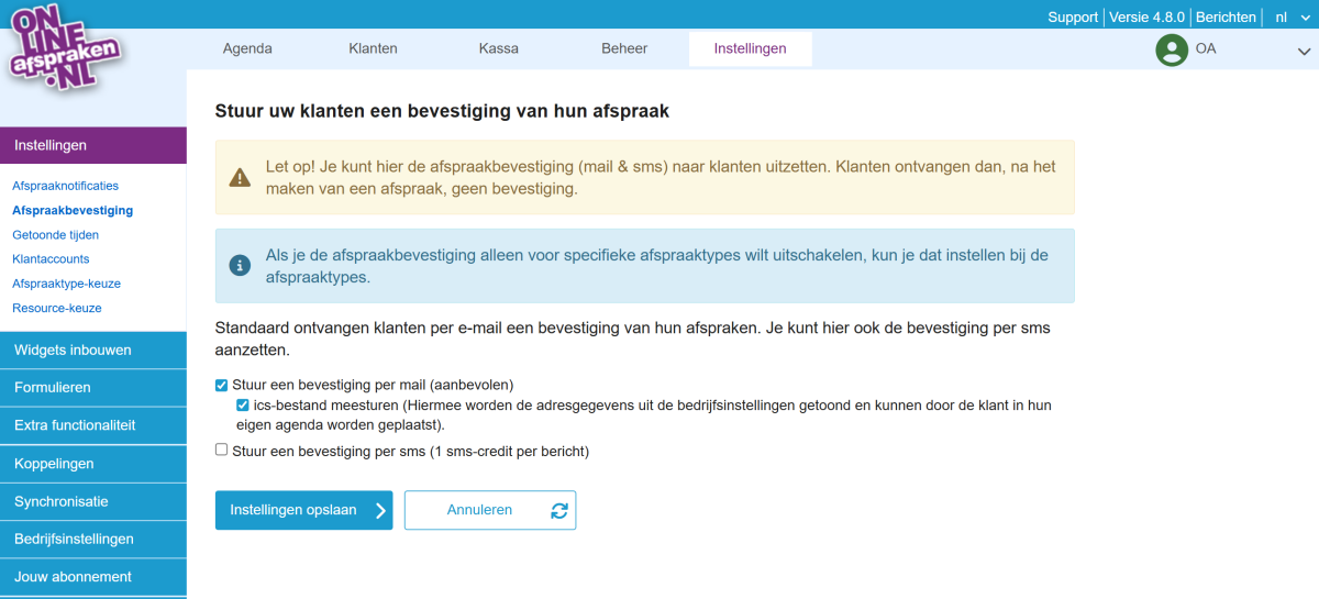 Instelling afspraakbevestiging. 