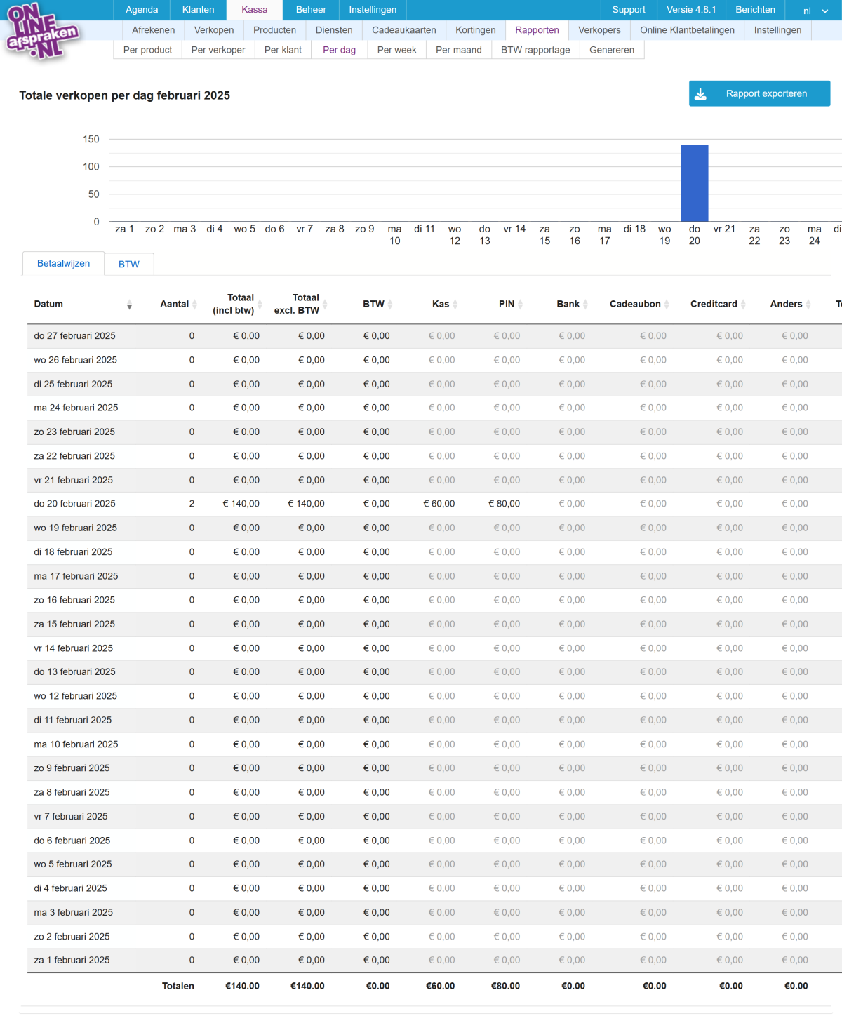 Kassa rapporten screenshot
