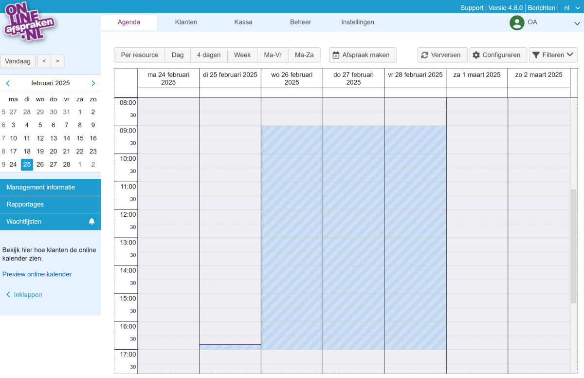 Wachtlijst knop in de agenda.