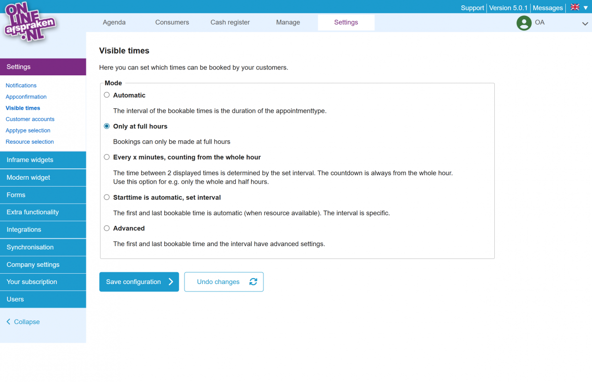 screenshot getoonde tijden instelling en