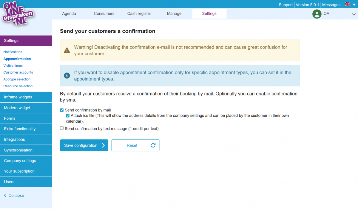 a screenshot of the appointment confirmation setting