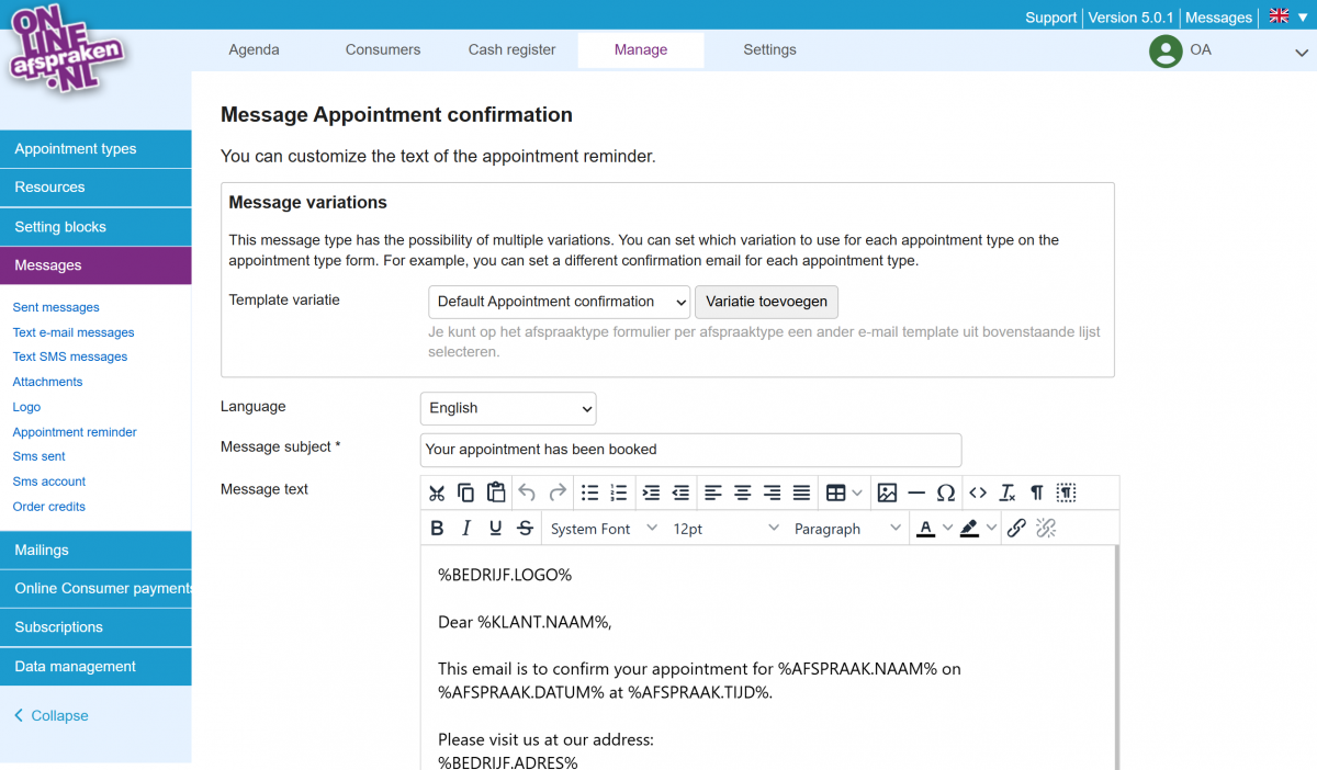 a screenshot of where to set the text of the confirmations