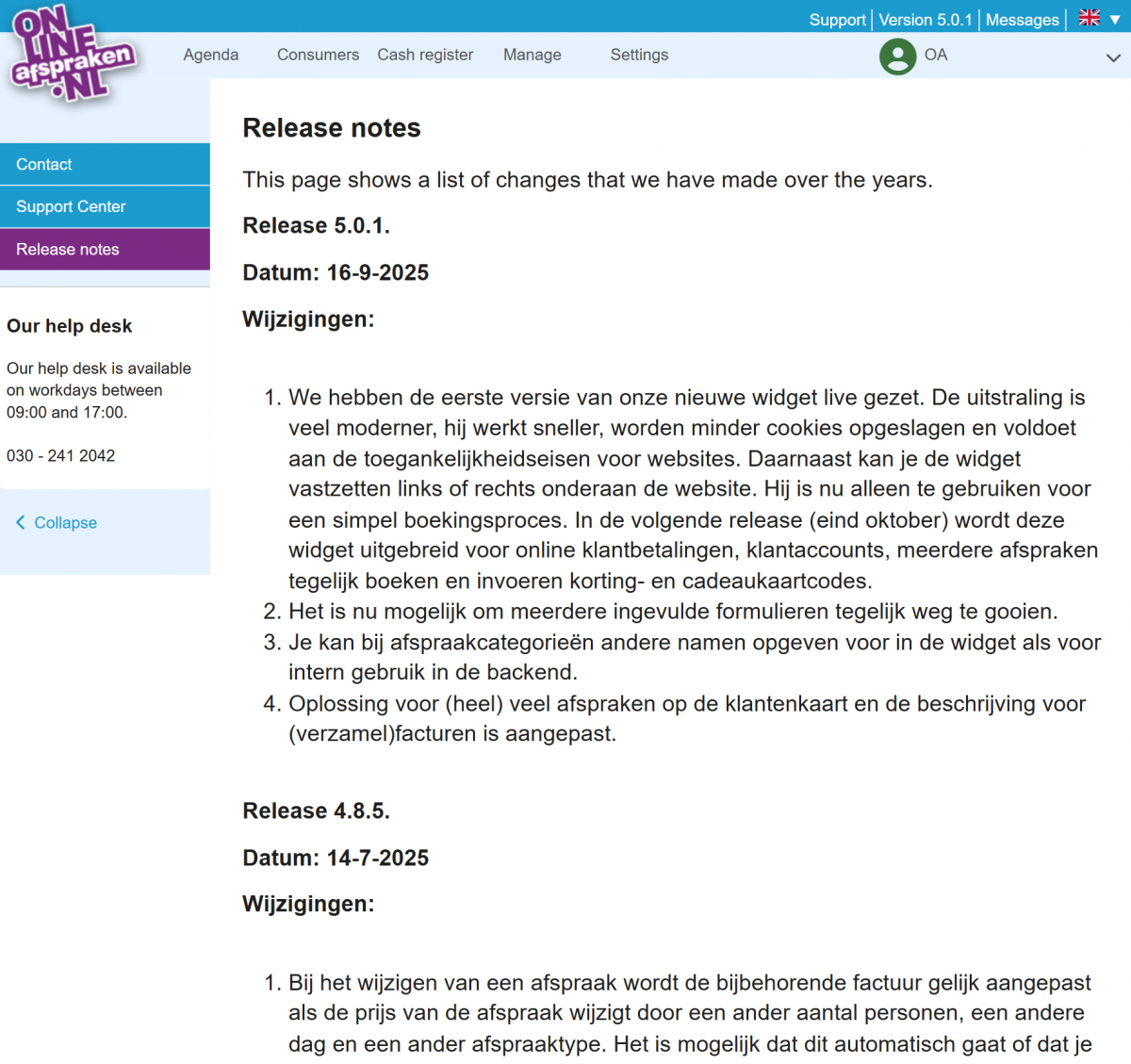 Release notes screenshot for support page