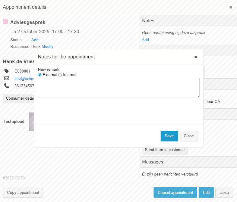 Example of adding a note to an appointment