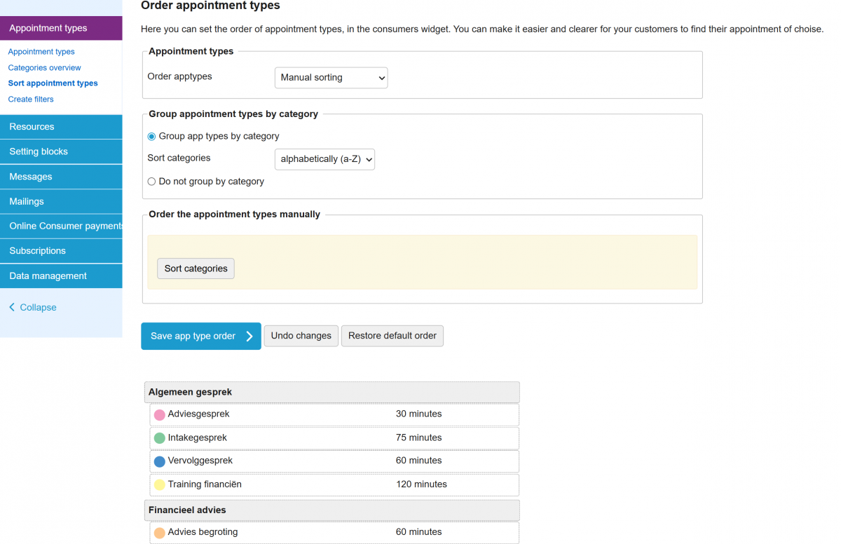 screenshot afspraaktypen sortering in het engels