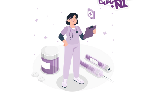 Illustratie van een zorgprofessional met clipboard en medische hulpmiddelen, gebruikt voor blog over online afspraken en praktijksoftware voor de zorg – OnlineAfspraken.nl.